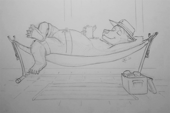 Bear basking in the sun on a hammock, resting a beer on his belly.